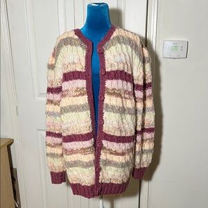 Knitting Needles Striped Hand Knit Multicolor Women's Cardigan Sweater Medium
